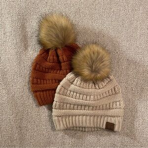 Set of 2 C.C. Boutique Knit Faux Fur Pom Beanies